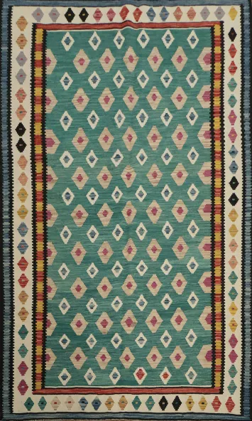 Vibrant Diamond Green Kilim Area Rug 5x8 for Boho Chic Interiors