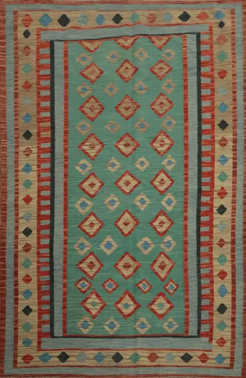 Green Wool Kilim Geometric Area Rug 6x8