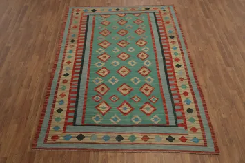 Green Wool Kilim Geometric Area Rug 6x8