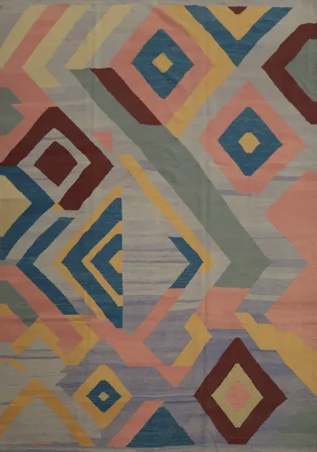 Modern Kilim Area Rug 10x13 with Bold Diamond Patterns and Colors