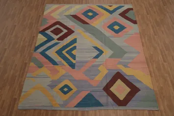 Modern Kilim Area Rug 10x13 with Bold Diamond Patterns and Colors