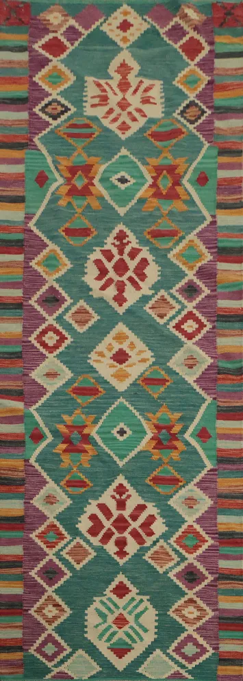 Bright and Bold Kilim Runner Rug 3x10 Perfect for Hallways
