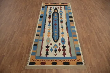 Unique Kilim Rug 5x12 with Geometric Patterns and Warm Tones
