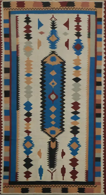 Kilim Area Rug 8x15 with Bold Geometric Motifs in Striking Colors