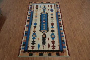 Kilim Area Rug 8x15 with Bold Geometric Motifs in Striking Colors