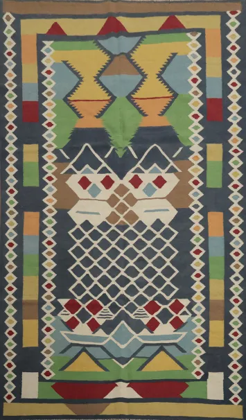 Modern Eclectic Kilim Area Rug 7x10 with Bold Geometric Design
