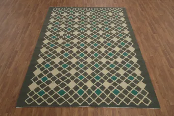 Elegant Trellis Kilim Area Rug 7x10 with Aqua and Gray Tones