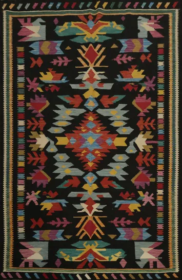 Black Geometric Kilim Turkish Area Rug 7x10