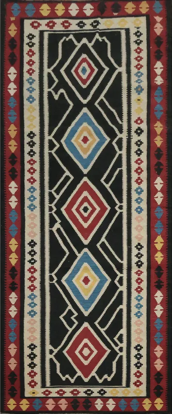 Vibrant Geometric Kilim Runner Rug 3x10 with Bold Ethnic Flair