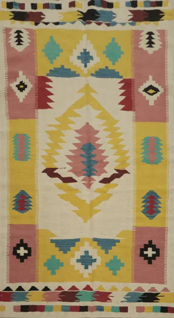 Vibrant Southwestern Style Wool Kilim Rug 4x7