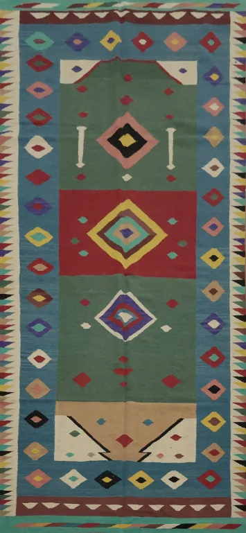 Vibrant Geometric Kilim Area Rug 5x12 with Bold Color Palette