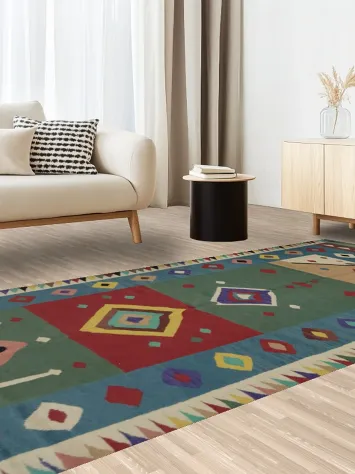 Vibrant Geometric Kilim Area Rug 5x12 with Bold Color Palette
