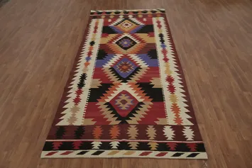 Southwest Style Kilim Area Rug 5x12 with Bold Geometric Patterns