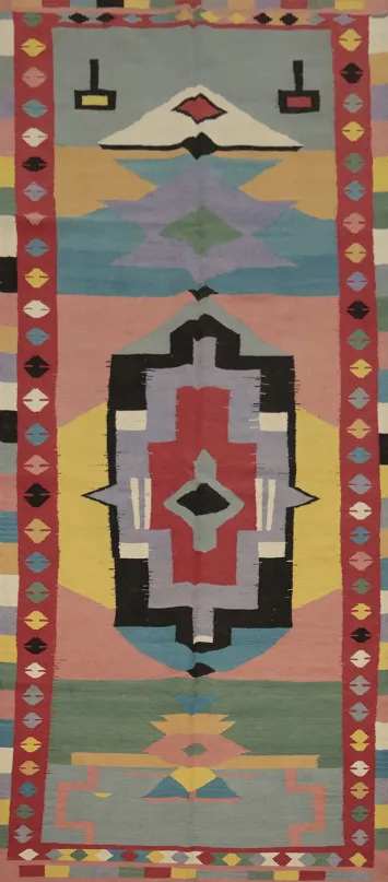 Southwestern Style Kilim Area Rug 5x13 with Symmetrical Patterns