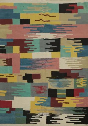 Modern Abstract Kilim Rug 5x7 with Vibrant Color Patchwork