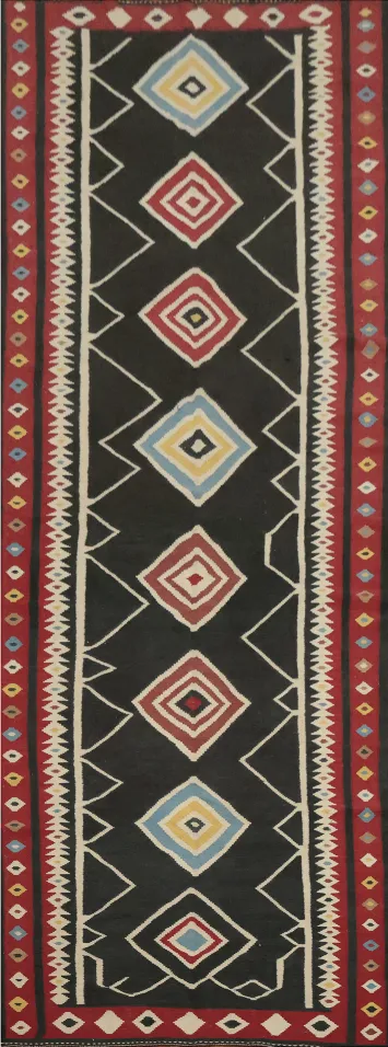 Stylish Black Kilim Runner Rug 5x18 Colorful Geometric Shapes