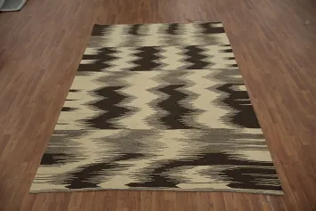 Stylish Zigzag Pattern Black and Ivory Kilim Area Rug 6x9