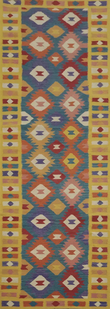 Vibrant Geometric Wool Kilim Runner Rug 4x13
