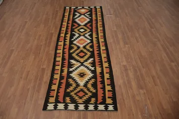 Stylish Geometric Wool Kilim Runner Rug 3x10 in Rich Hues