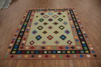 Contemporary Wool Kilim Area Rug 9x11 with Intricate Motifs