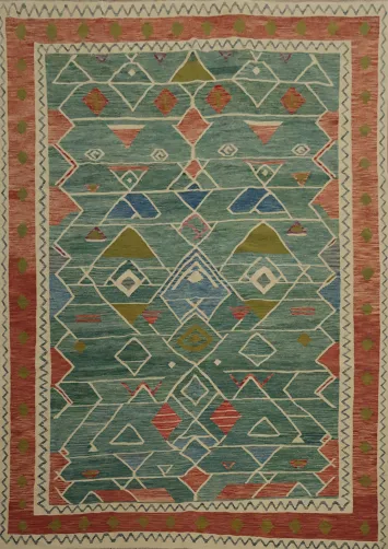 Green Artisan Kilim Area Rug 8x10 with Geometric Patterns