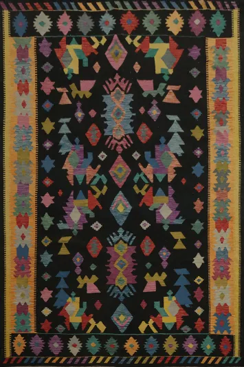 Dynamic Geometric Black Canvas Kilim Area Rug 8x12