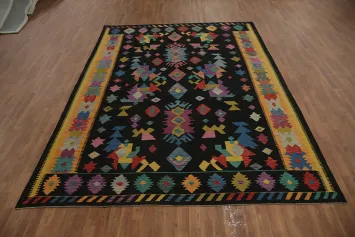 Dynamic Geometric Black Canvas Kilim Area Rug 8x12