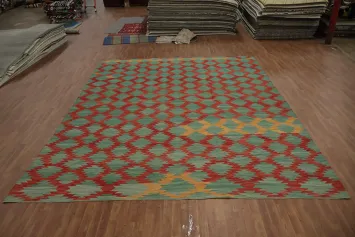 Green Modern Wool Kilim Turkish Large Rug 11x14