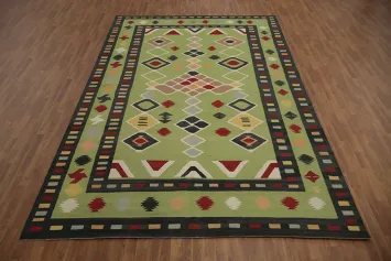 Green Tribal Kilim Area Rug 9x13 with Multicolor Patterns