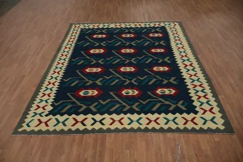 Blue Kilim Area Rug 8x10 Featuring Geometric and Tribal Designs
