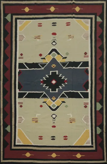 Tribal Kilim Area Rug 10x13 with Earthy Tones and Bold Shapes