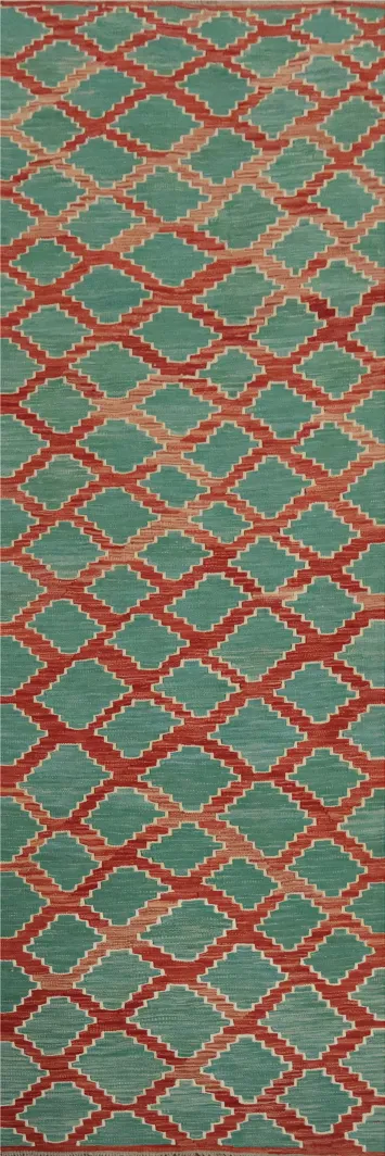 Modern Green Kilim Runner Rug 3x10 to Enhance Any Space