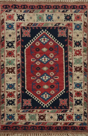 Vibrant Geometric Anatolian Turkish Rug 4x5 with Bold Borders