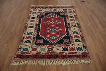 Vibrant Geometric Anatolian Turkish Rug 4x5 with Bold Borders