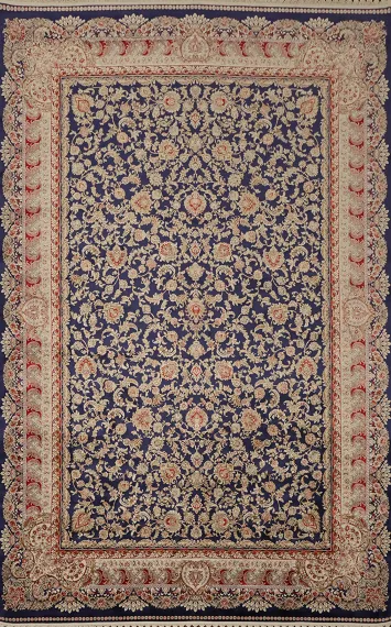 Elegant Navy Qum Turkish Area Rug 7x10 with Floral Patterns