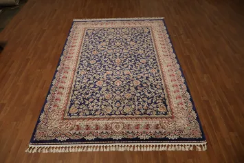 Elegant Navy Qum Turkish Area Rug 7x10 with Floral Patterns