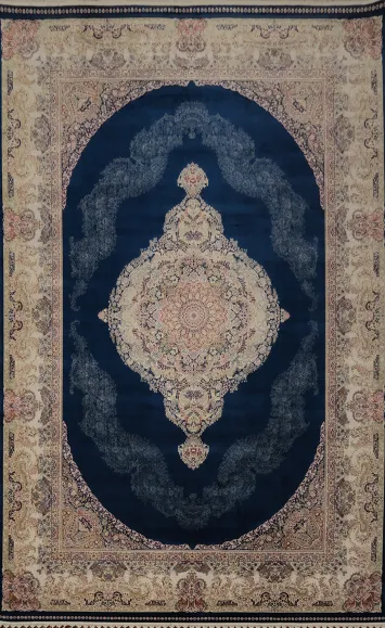Deep Blue Qum Area Rug 7x10 with Central Medallion & Floral Patterns