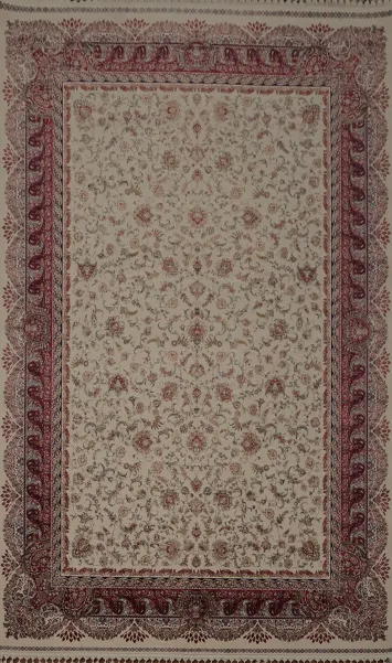 Stunning Qum Area Rug 7x10 in Beige with Intricate Red Floral Motifs