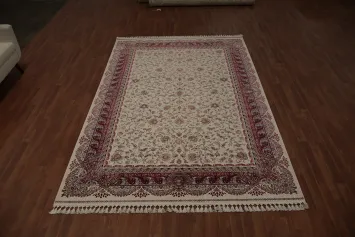 Stunning Qum Area Rug 7x10 in Beige with Intricate Red Floral Motifs