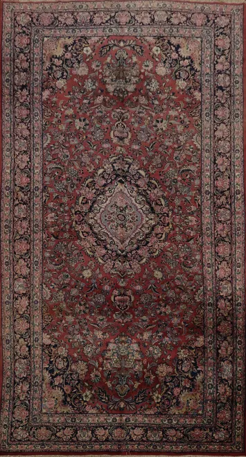 Vintage Ghazvin Persian Large Rug 9x17 with Ornate Border and Central Motif