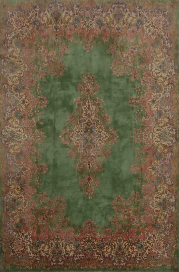 Floral Green Kerman Persian Area Rug 9x12 for Sophisticated Home Decor
