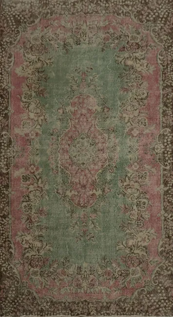 Vintage Anatolian Area Rug 5x9 with Pink and Green Floral Motifs