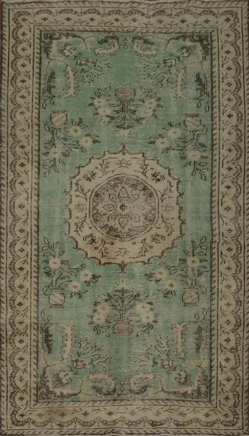 Ornate Craftsmanship Vintage Wool Green Anatolian Area Rug 5x8