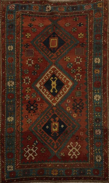 Pre-1900 Antique Kazak Vegetable Dye Rug 4x6 with a Classic Diamond Design