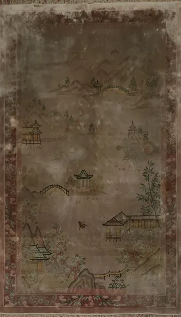 Art Deco Chinese Area Rug 6x9 Tranquil Landscapes and Pagoda Details