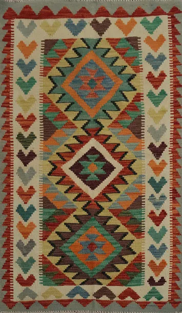 Colorful Traditional Kilim Rug 3x4 with Bold Diamond Designs