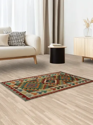 Colorful Traditional Kilim Rug 3x4 with Bold Diamond Designs