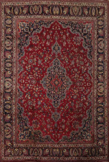 Handmade Mashad Persian Area Rug 10x13 Red with Elaborate Border