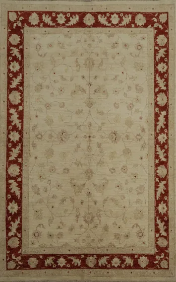 Classic Beige Oushak Area Rug 6x8 Featuring Lavish Red Borders