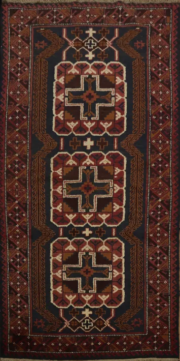 Handcrafted Heritage Balouch Rug 3x6 Featuring Symmetrical Motifs